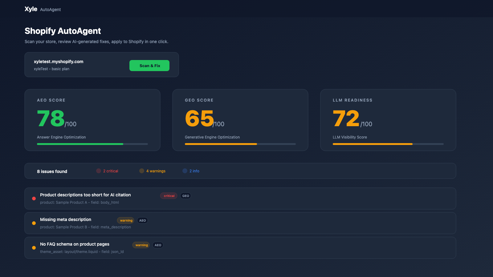 Shopify audit showing AEO, GEO, and LLM scores with issues list